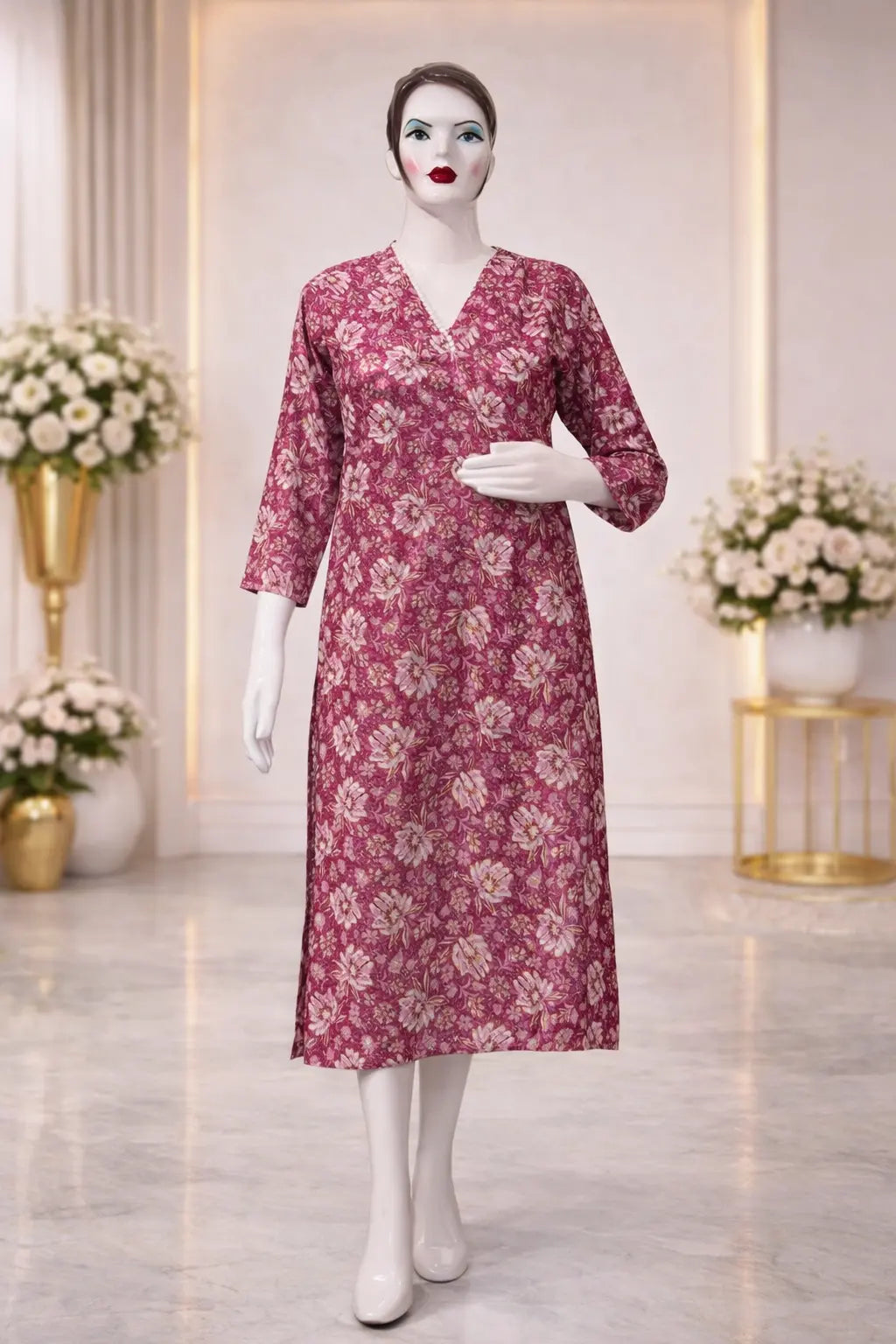 Women’s Pink Floral Cotton Kurta – V-Neck Short Kurti Top