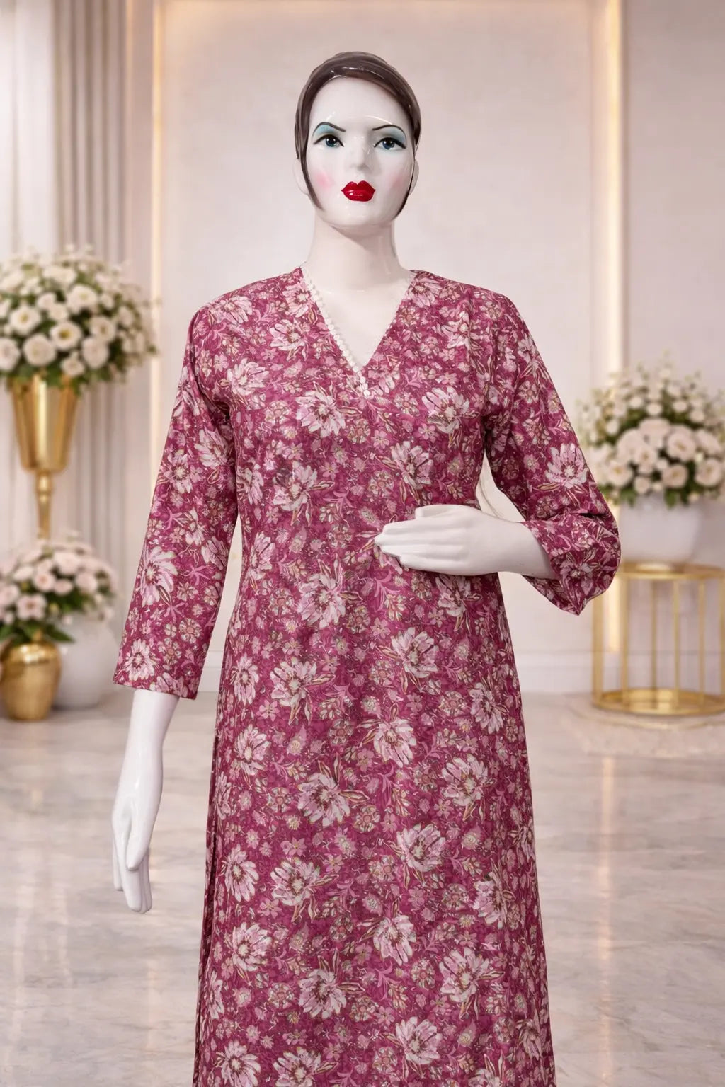 Women’s Pink Floral Cotton Kurta – V-Neck Short Kurti Top