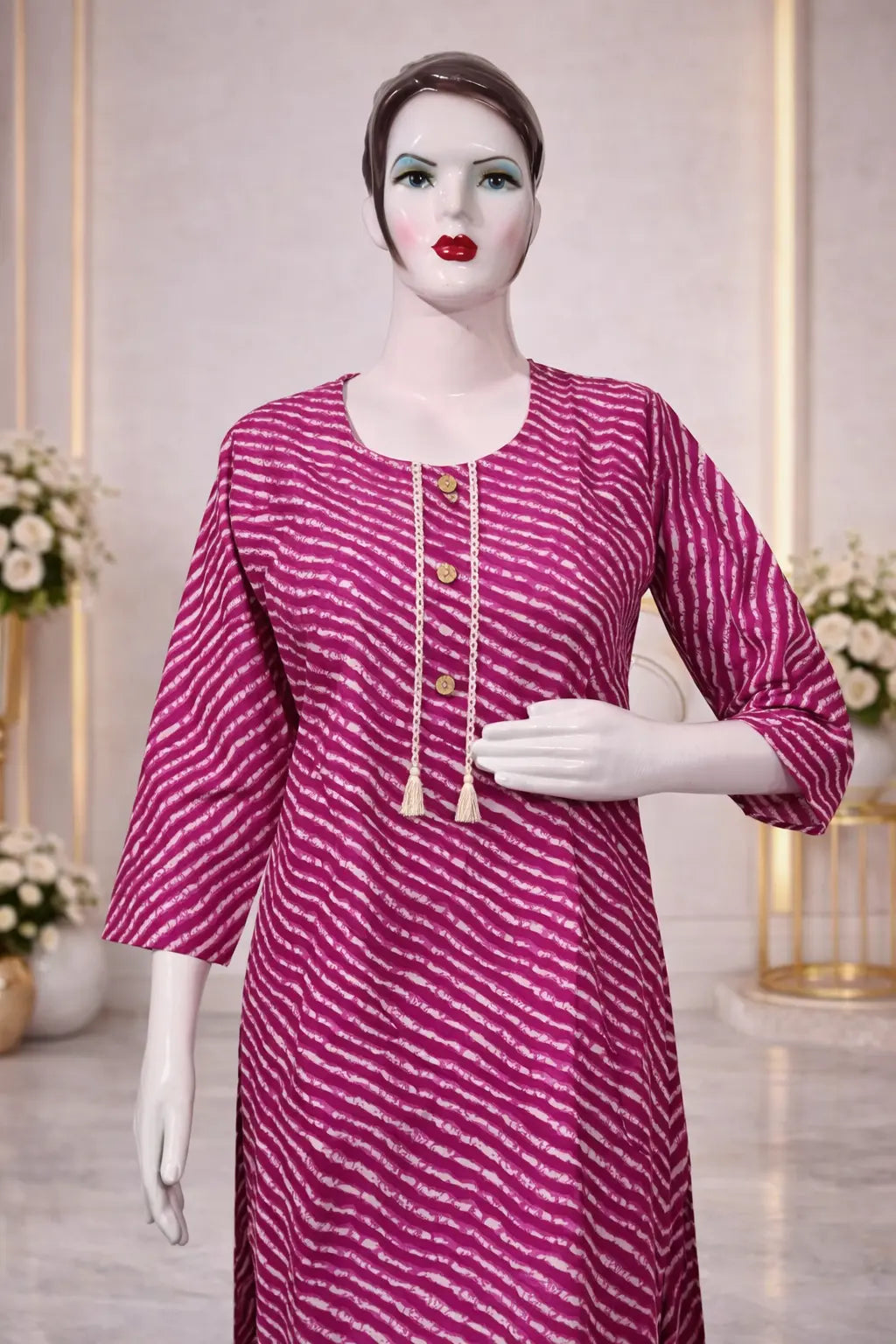 Pink Leheriya Cotton Kurti Set for Women – Printed Rajasthani Style Kurta & Pants