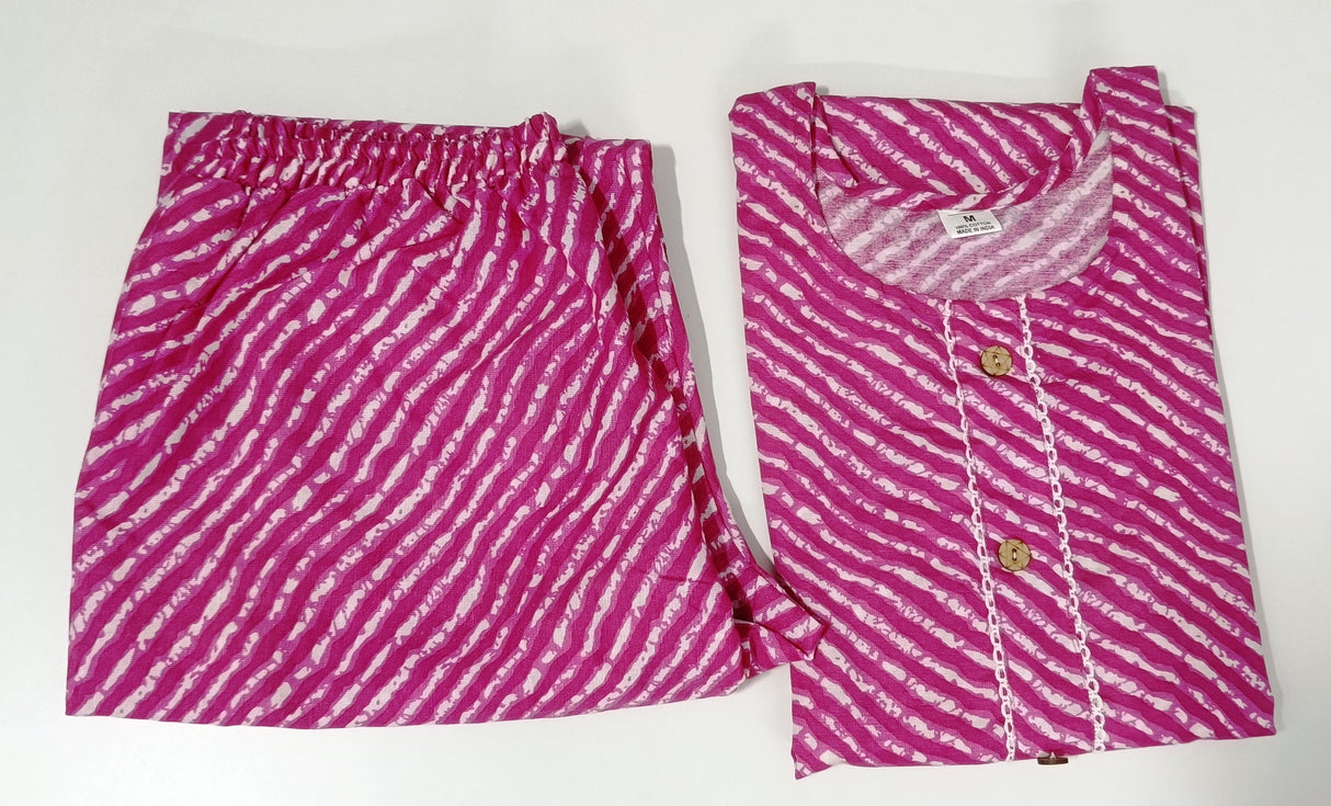Pink Leheriya Cotton Kurti Set for Women – Printed Rajasthani Style Kurta & Pants