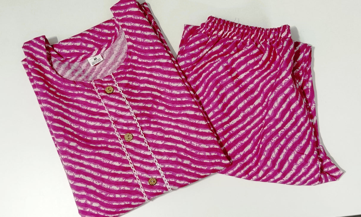 Pink Leheriya Cotton Kurti Set for Women – Printed Rajasthani Style Kurta & Pants