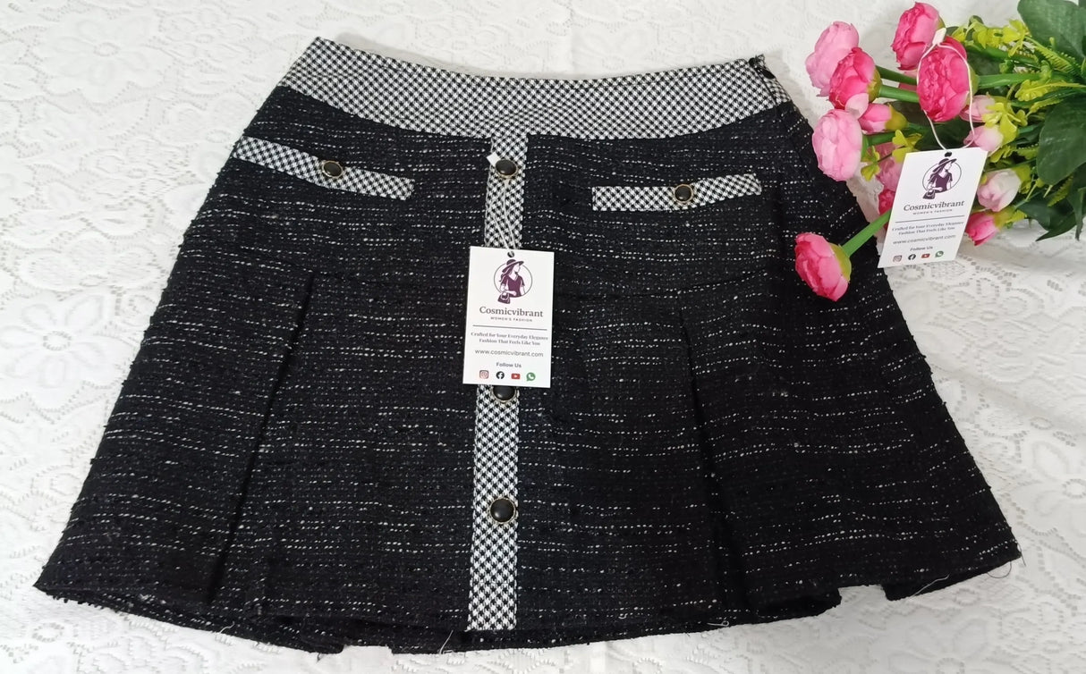 Women’s Black Tweed A-Line Mini Skirt – Contrast Waistband & Button Detail