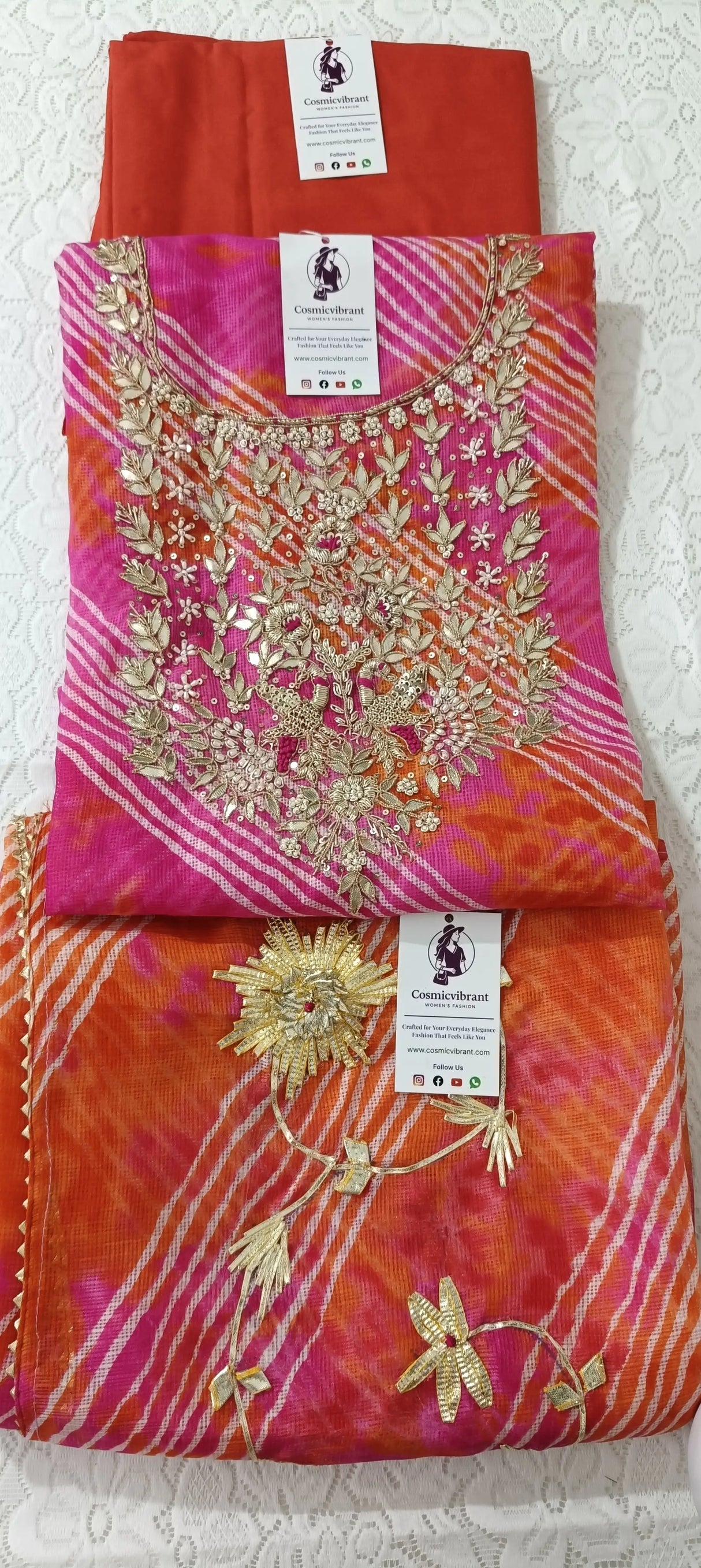 Pink Kota Doria Unstitched Suit with Heavy Zardozi Handwork – Kurta, Dupatta & Bottom Set