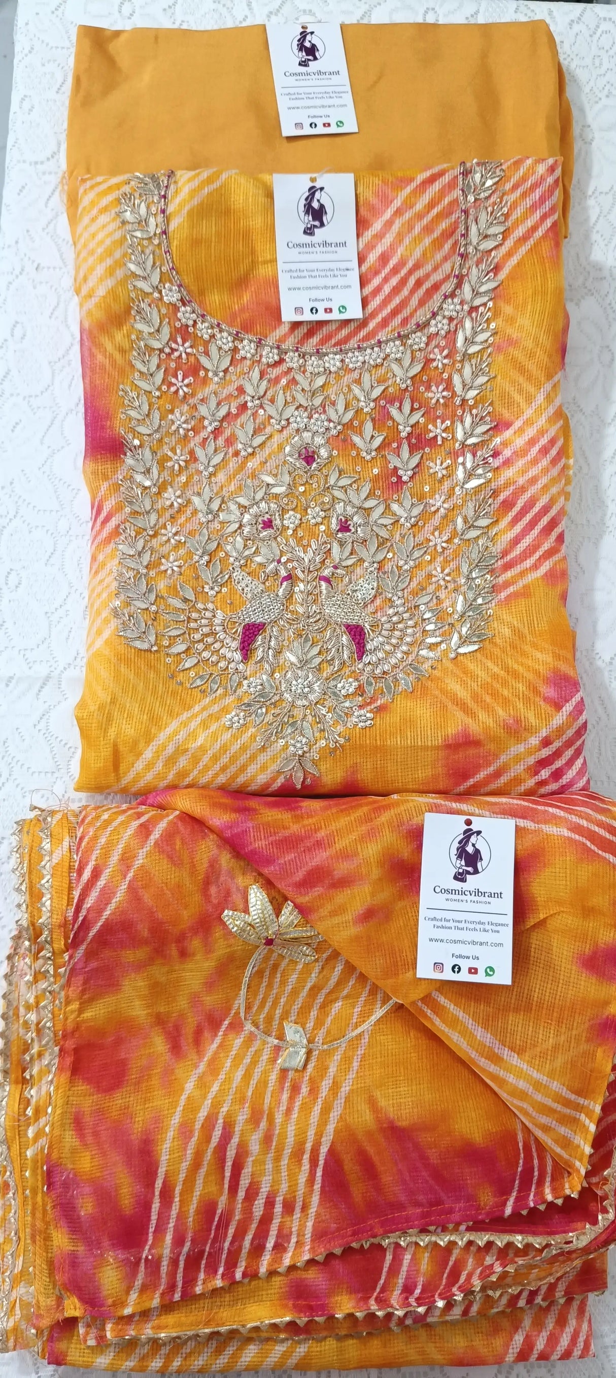 Orange Kota Doria Unstitched Suit with Heavy Zardozi Handwork – Kurta, Dupatta & Bottom Set