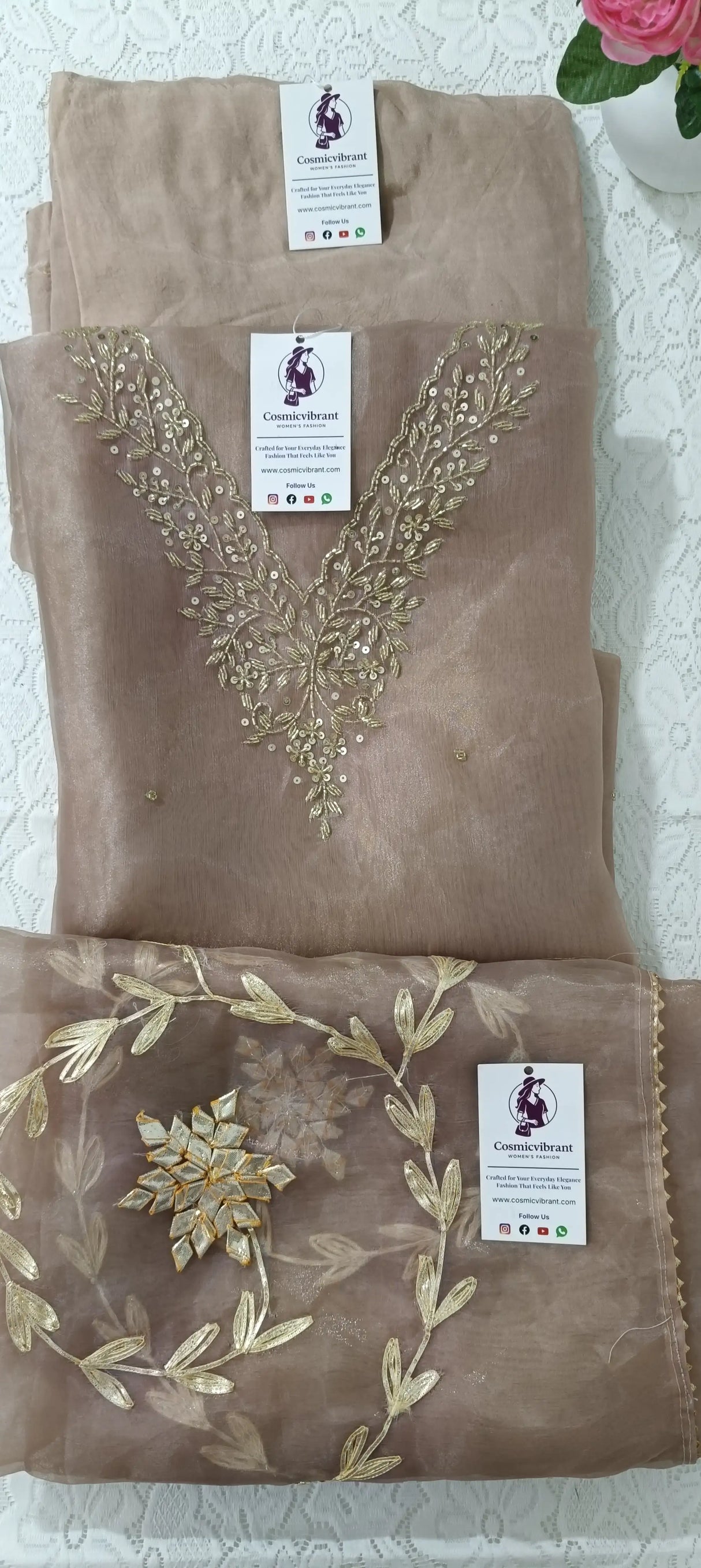 Premium Tissue Organza Unstitched Suit with Elegant Zardozi Handwork – Kurta, Dupatta & Bottom Set