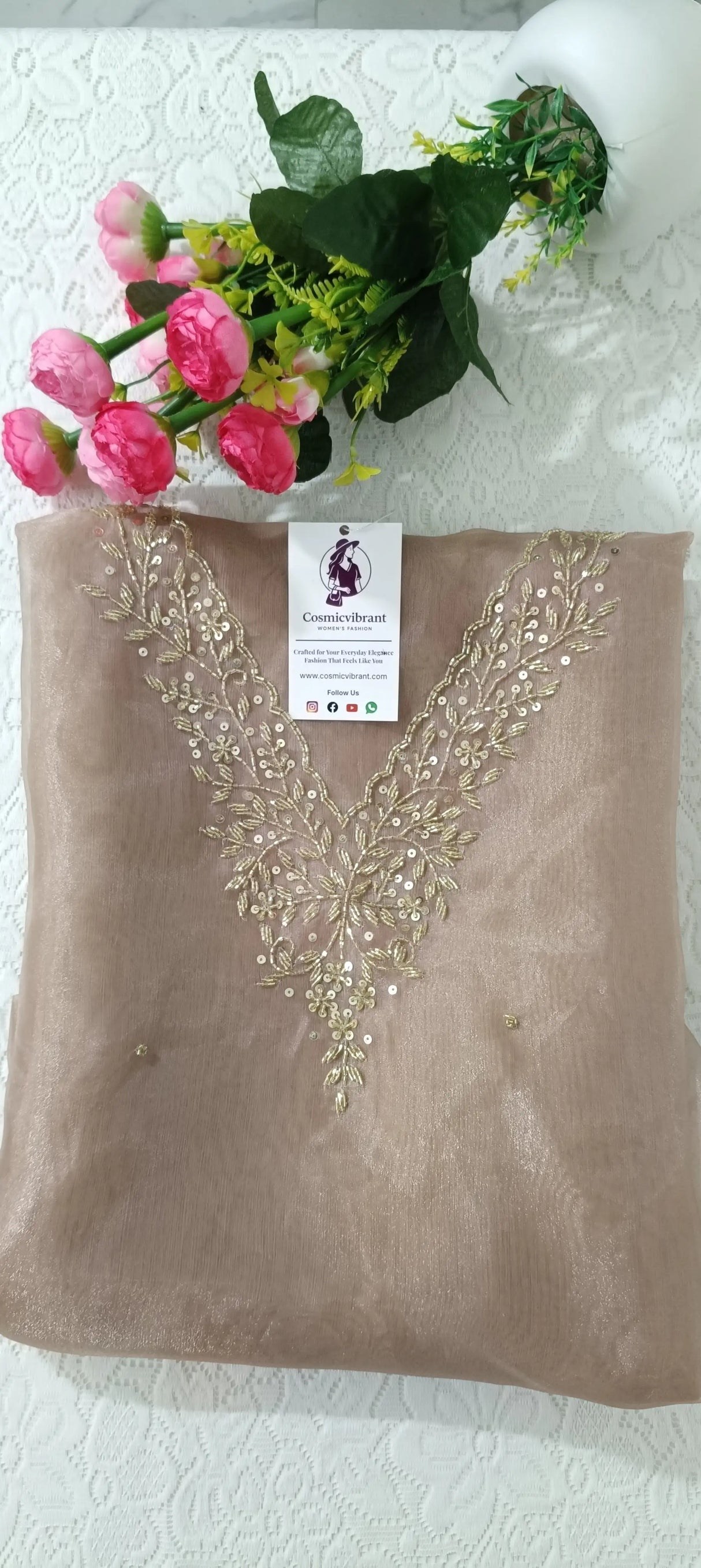 Premium Tissue Organza Unstitched Suit with Elegant Zardozi Handwork – Kurta, Dupatta & Bottom Set