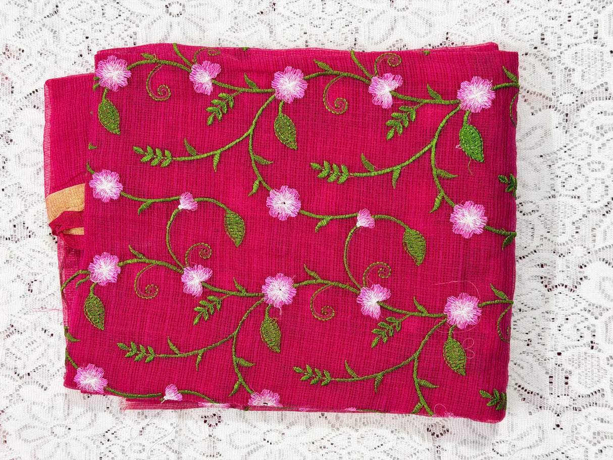 Wine Pink Cotton Kota Doria Unstitched Suit Set with Floral Embroidery | Elegant Party & Festive Wear