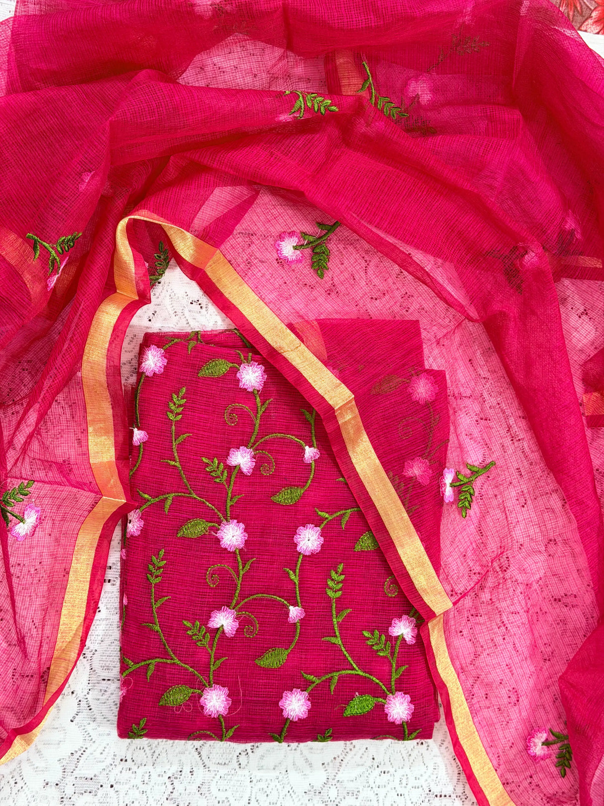 Wine Pink Cotton Kota Doria Unstitched Suit Set with Floral Embroidery | Elegant Party & Festive Wear