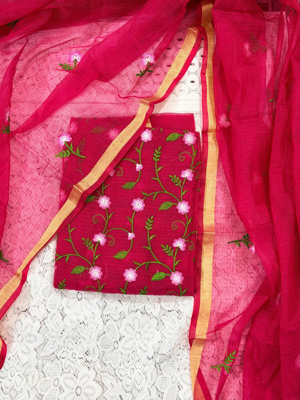 Wine Pink Cotton Kota Doria Unstitched Suit Set with Floral Embroidery | Elegant Party & Festive Wear
