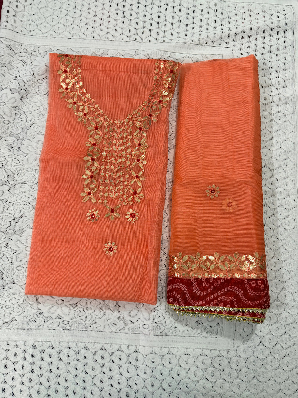 Peach Cotton Kota Doria Unstitched Suit Set with Heavy Golden Embroidery | Wedding & Party Wear