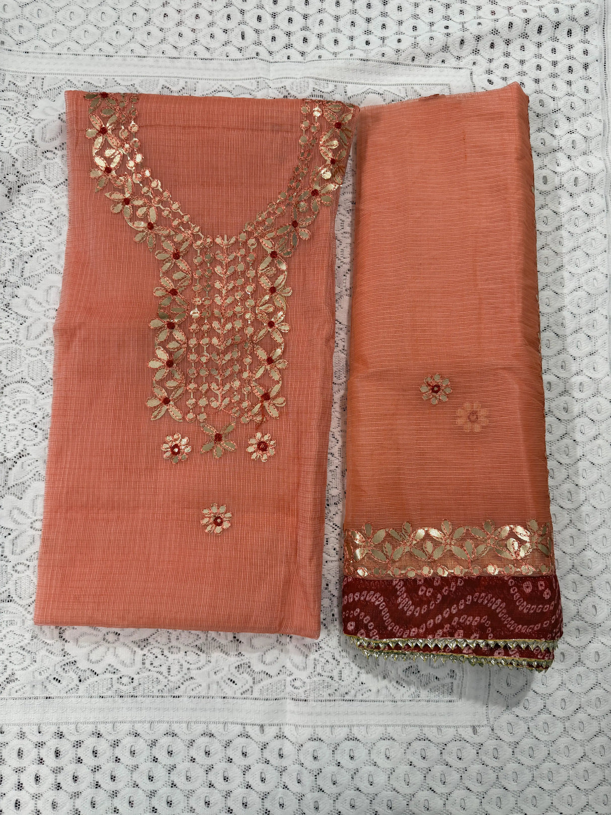 Peach Cotton Kota Doria Unstitched Suit Set with Heavy Golden Embroidery | Wedding & Party Wear