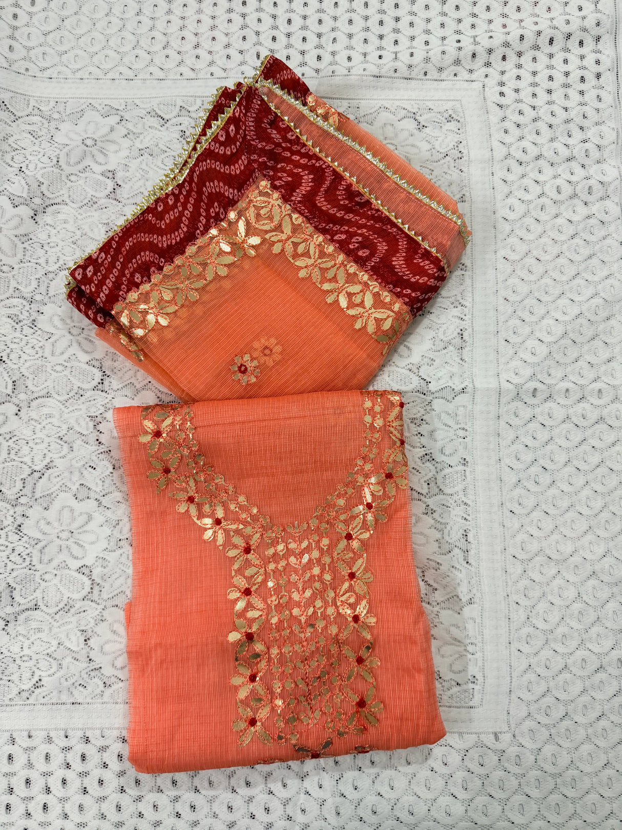 Peach Cotton Kota Doria Unstitched Suit Set with Heavy Golden Embroidery | Wedding & Party Wear