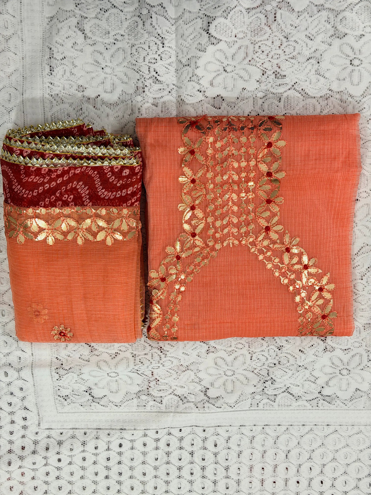 Peach Cotton Kota Doria Unstitched Suit Set with Heavy Golden Embroidery | Wedding & Party Wear