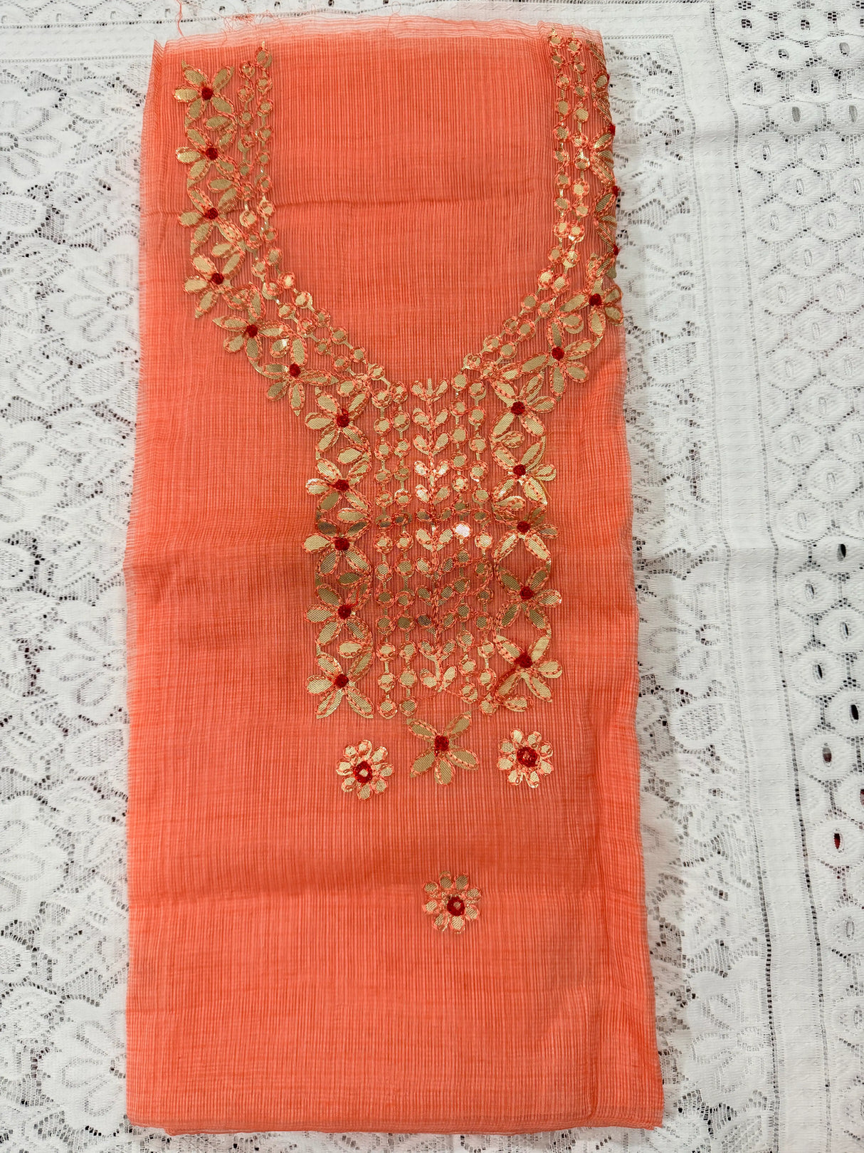 Peach Cotton Kota Doria Unstitched Suit Set with Heavy Golden Embroidery | Wedding & Party Wear