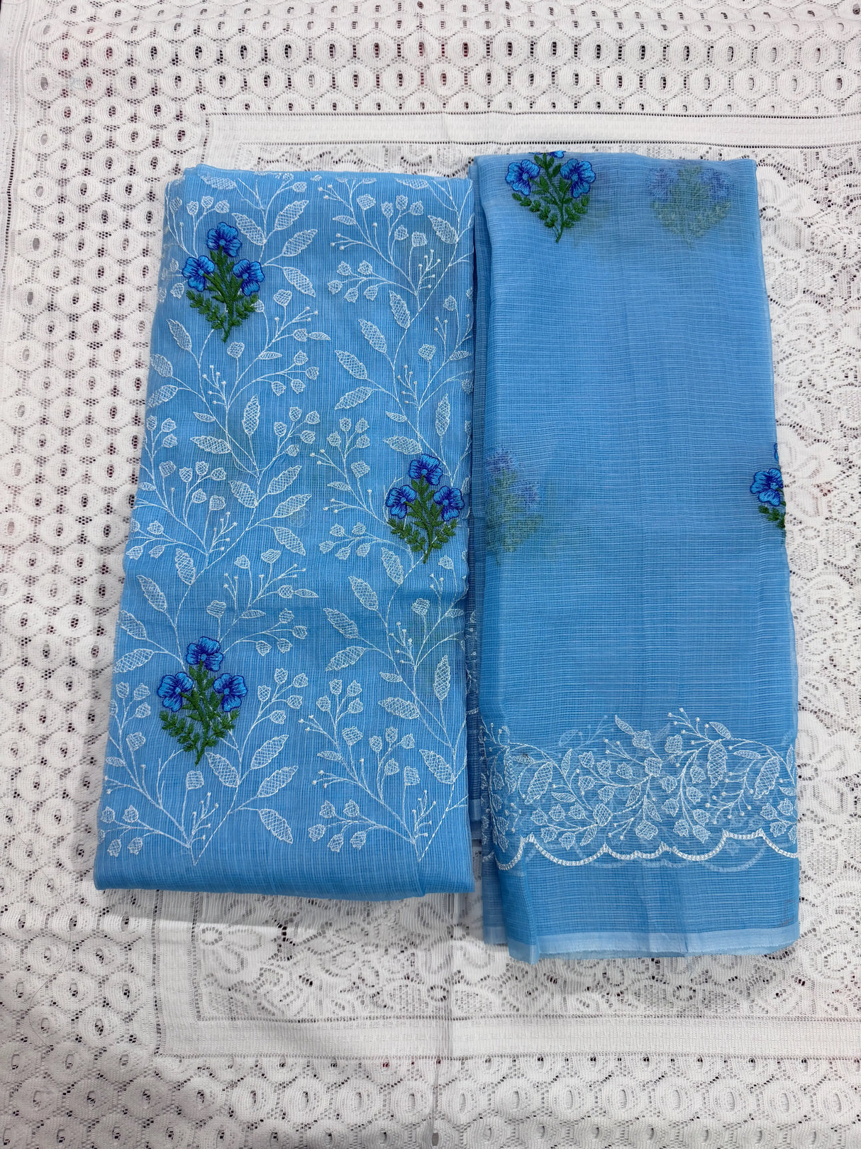 Sky Blue Cotton Kota Doria Unstitched Suit Set with Floral Embroidery | Elegant Party & Festive Wear