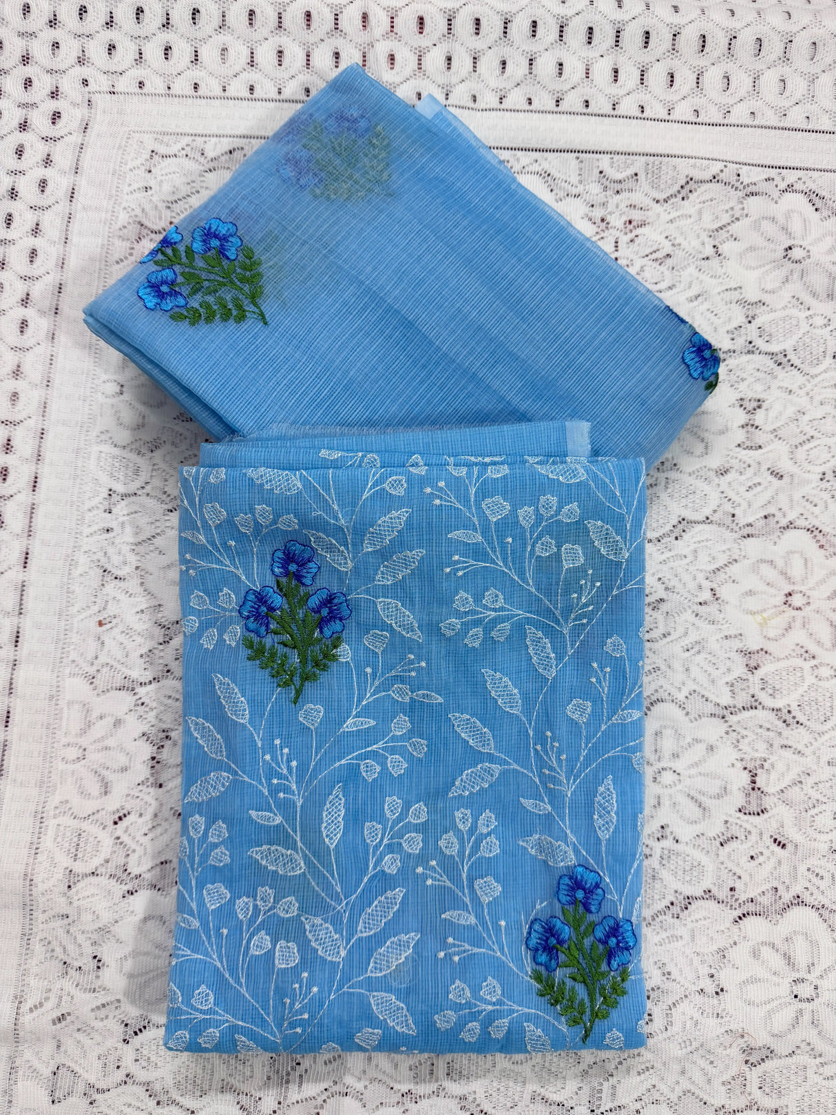 Sky Blue Cotton Kota Doria Unstitched Suit Set with Floral Embroidery | Elegant Party & Festive Wear