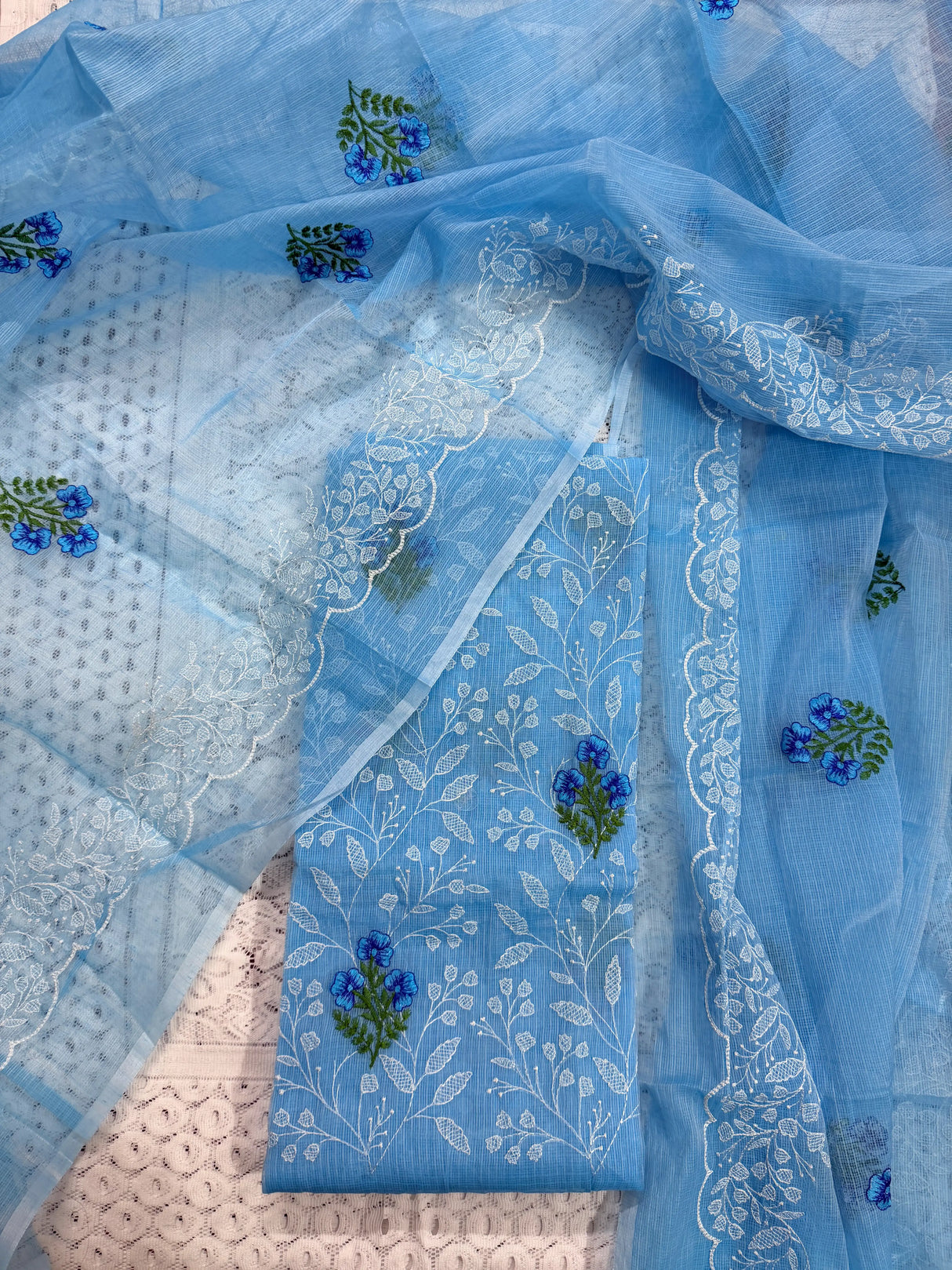 Sky Blue Cotton Kota Doria Unstitched Suit Set with Floral Embroidery | Elegant Party & Festive Wear