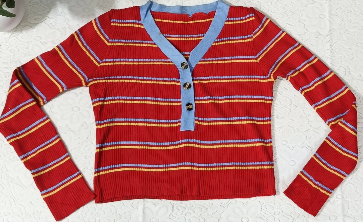 Pretty Graceful Women’s Red Striped Top – Stylish V-Neck Casual Tunic for Girls