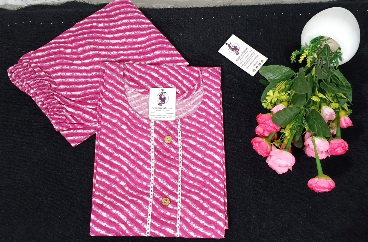 Pink Leheriya Cotton Kurti Set for Women – Printed Rajasthani Style Kurta & Pants