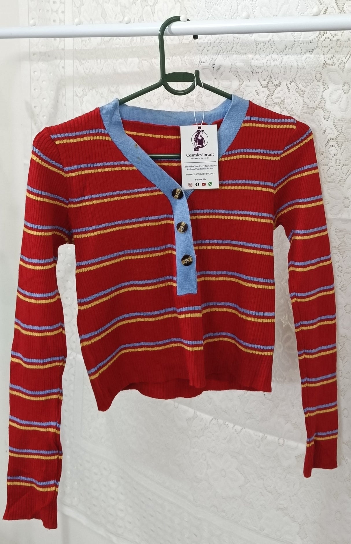 Pretty Graceful Women’s Red Striped Top – Stylish V-Neck Casual Tunic for Girls