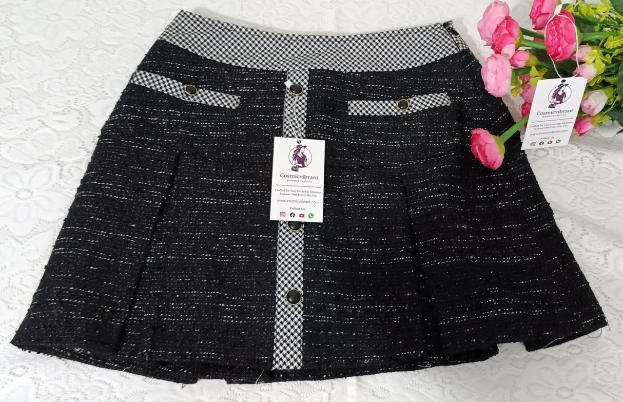 Women’s Black Tweed A-Line Mini Skirt – Contrast Waistband & Button Detail