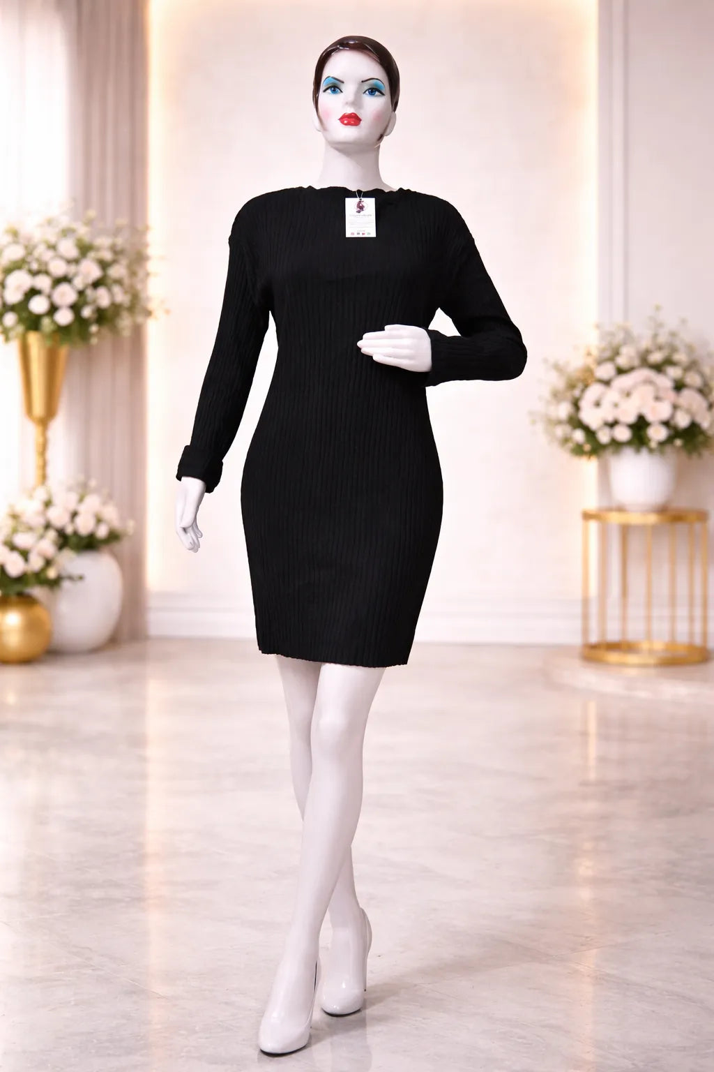 Women’s Black Ribbed High-Neck Fit & Flare Dress – Full Sleeve Bodycon Knit Dress