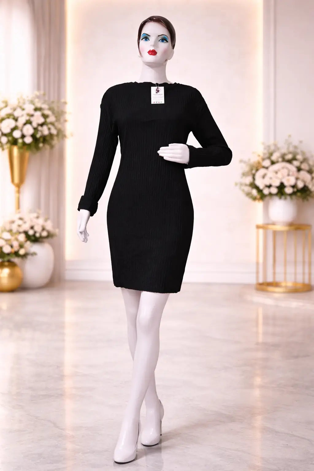 Women’s Black Ribbed High-Neck Fit & Flare Dress – Full Sleeve Bodycon Knit Dress