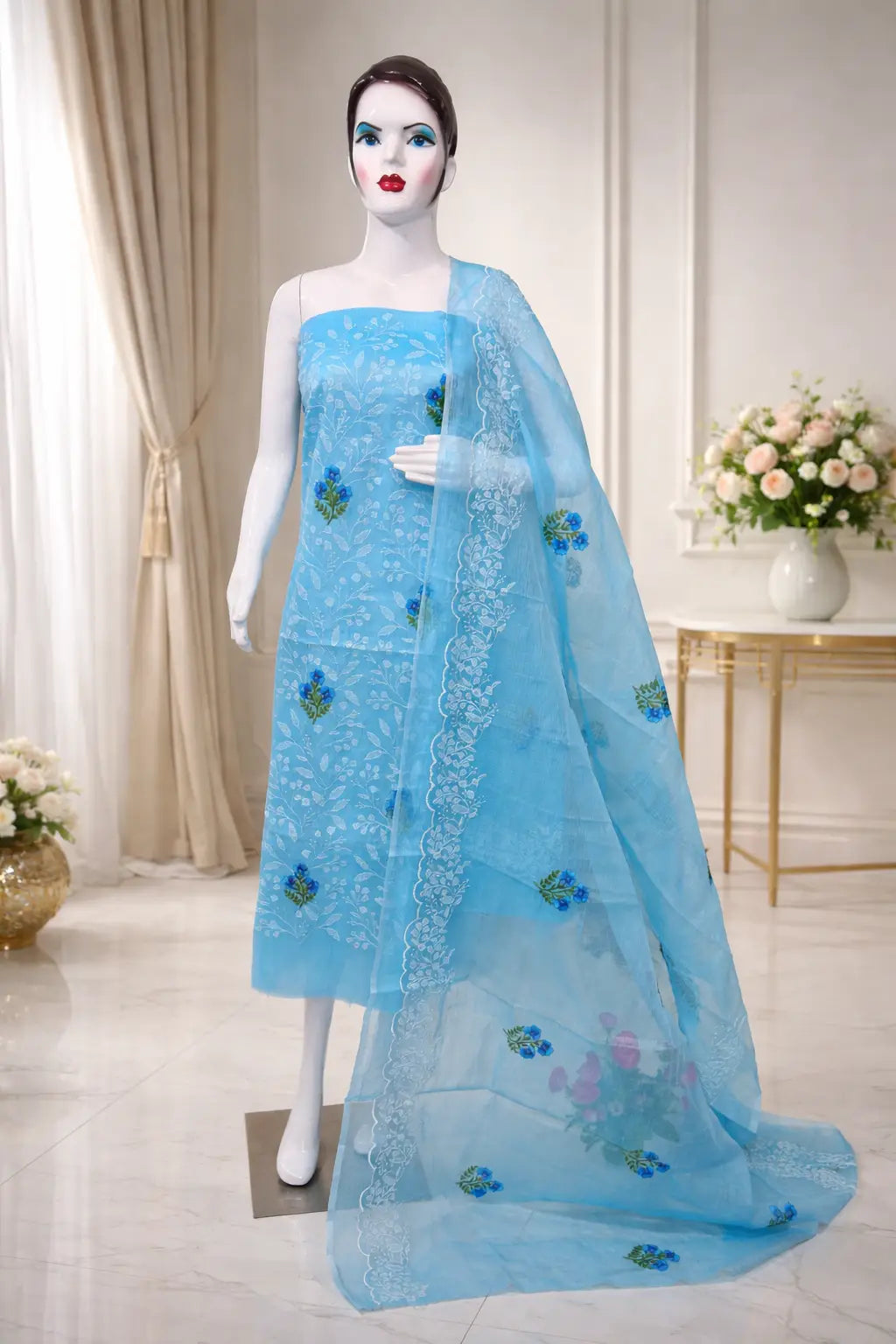Sky Blue Cotton Kota Doria Unstitched Suit Set with Floral Embroidery | Elegant Party & Festive Wear