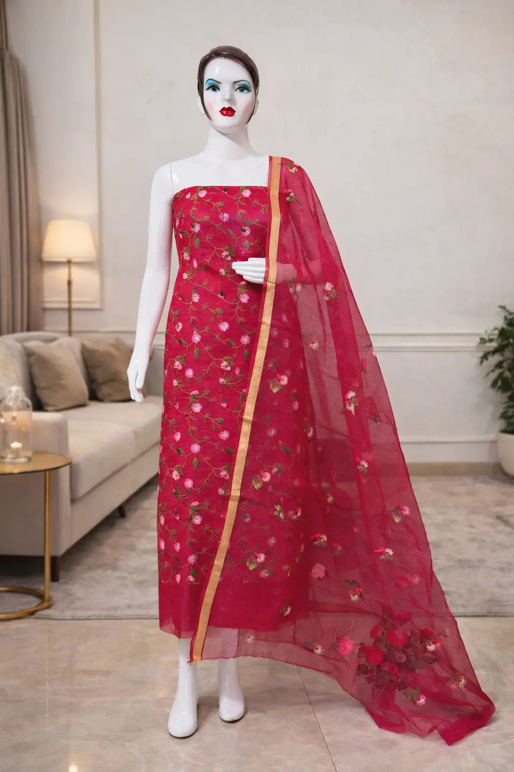 Wine Pink Cotton Kota Doria Unstitched Suit Set with Floral Embroidery | Elegant Party & Festive Wear