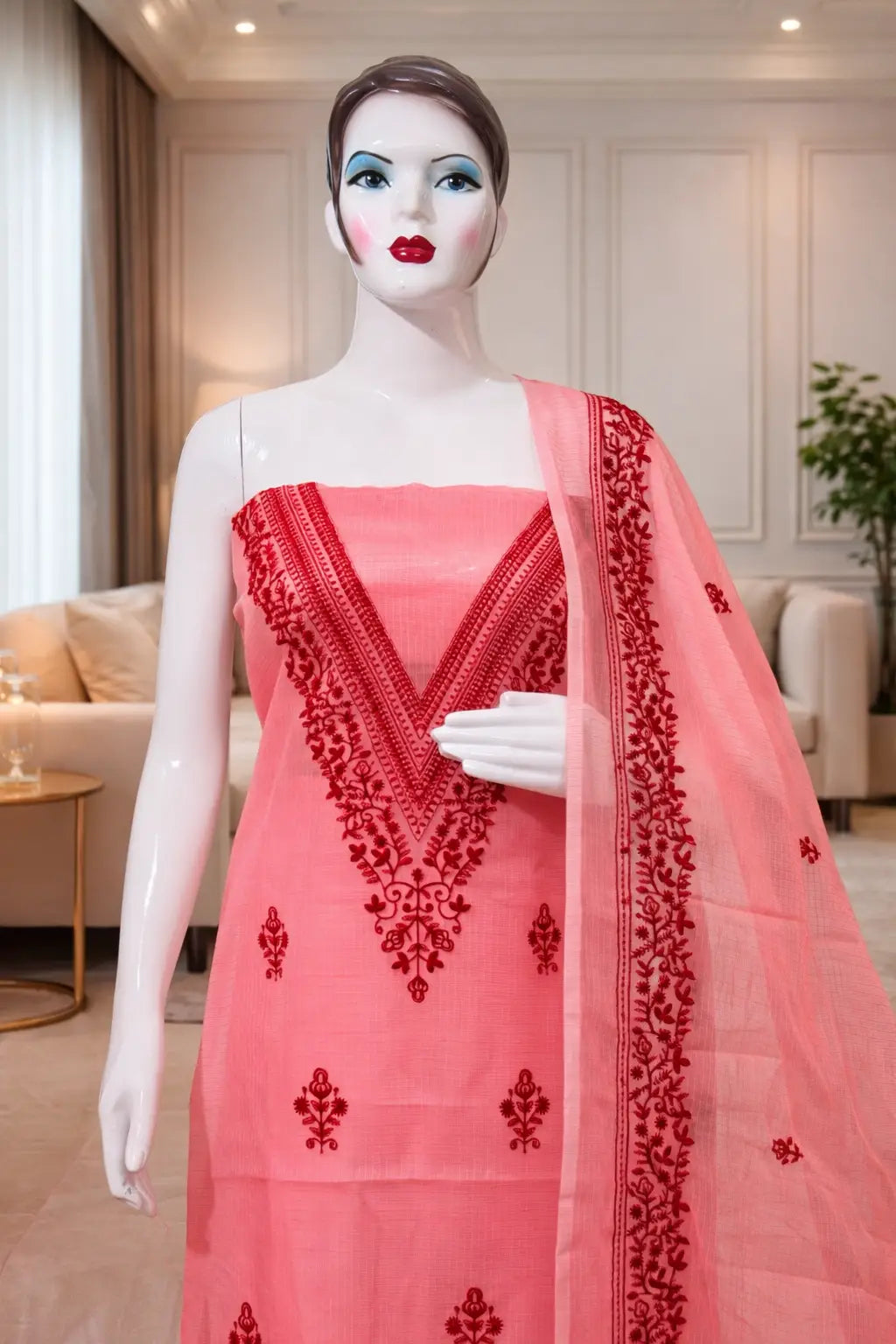 Pink Cotton Kota Doria Unstitched Suit Set with V-Neck Embroidery | Elegant Party & Festive Wear