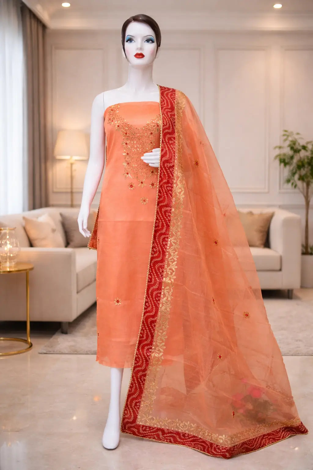 Peach Cotton Kota Doria Unstitched Suit Set with Heavy Golden Embroidery | Wedding & Party Wear