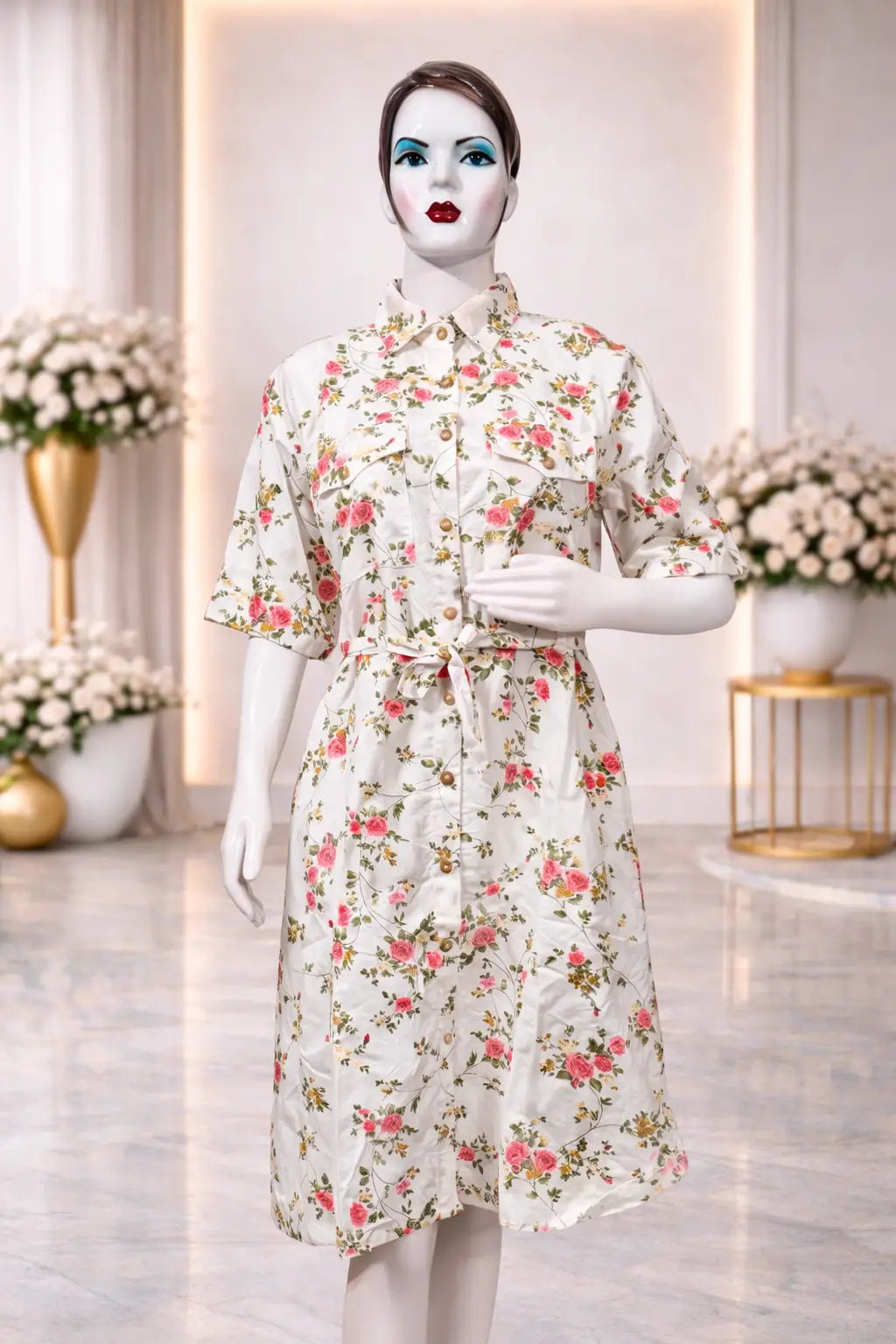 Women’s White Floral Midi Dress – Button-Down Calf Length Dress with Waist Tie