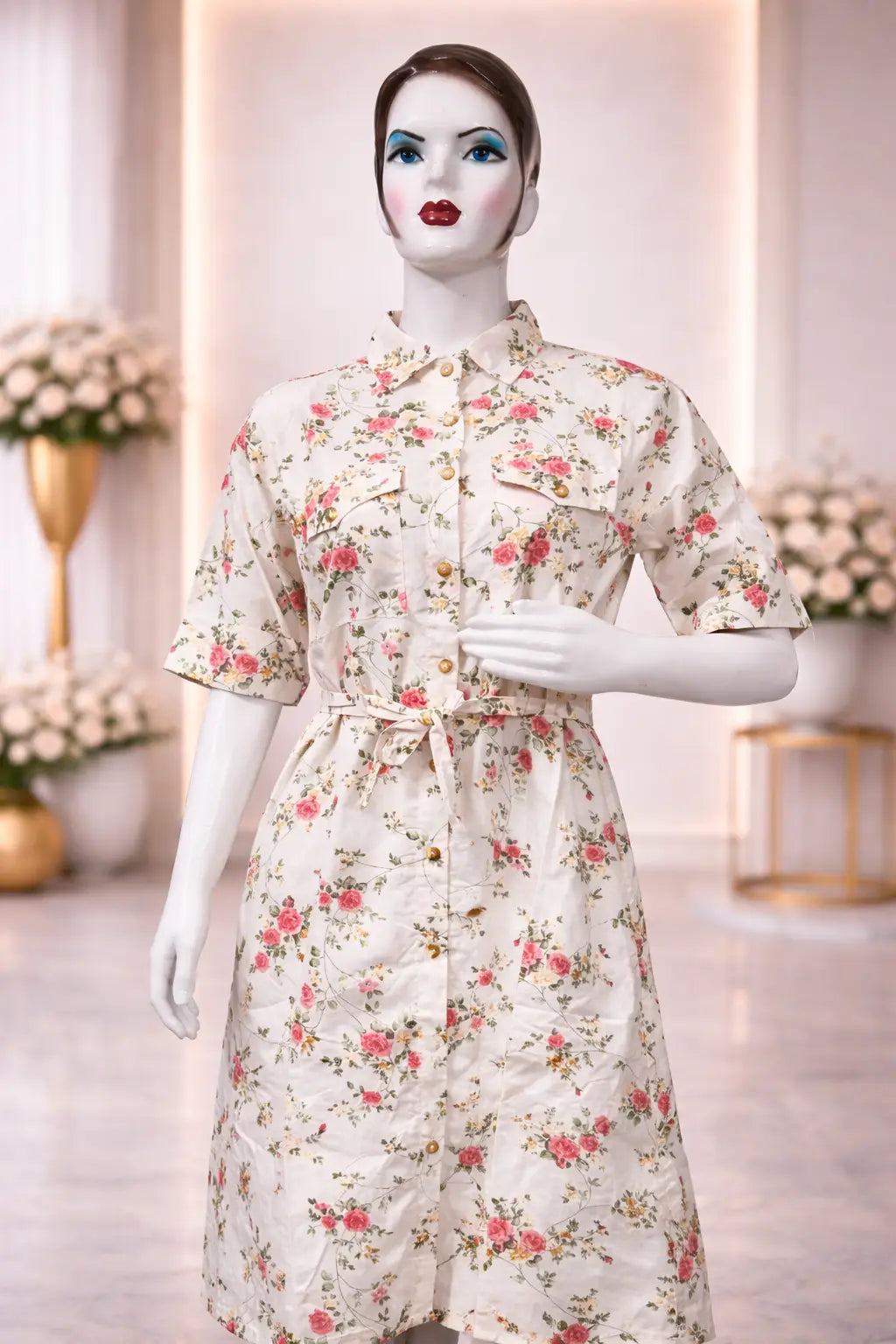 Women’s White Floral Midi Dress – Button-Down Calf Length Dress with Waist Tie