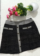 Women’s Black Tweed A-Line Mini Skirt – Contrast Waistband & Button Detail