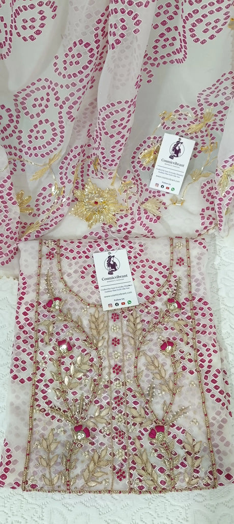 Textile with floral pattern and brand tags on a white background