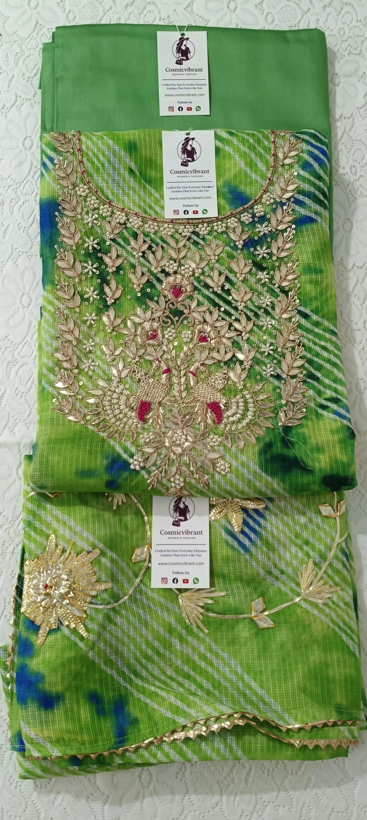 Green Kota Doria Unstitched Suit with Heavy Zardozi Handwork – Kurta, Dupatta & Bottom Set