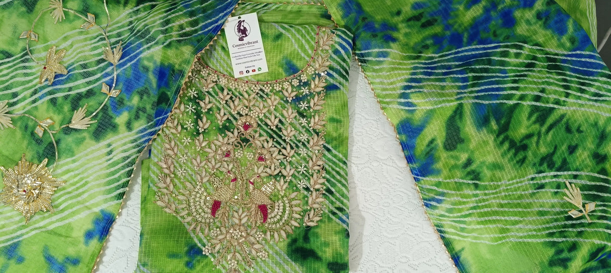 Green Kota Doria Unstitched Suit with Heavy Zardozi Handwork – Kurta, Dupatta & Bottom Set