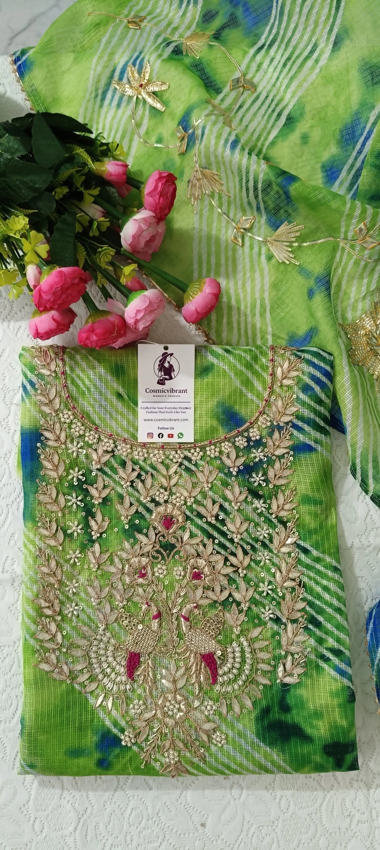 Green Kota Doria Unstitched Suit with Heavy Zardozi Handwork – Kurta, Dupatta & Bottom Set