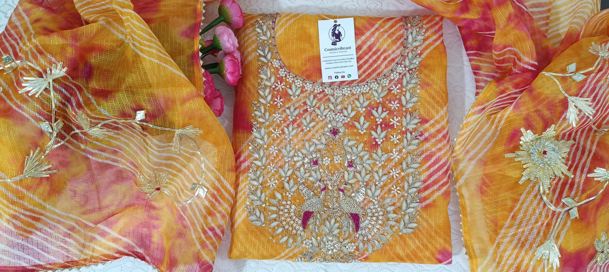 Orange Kota Doria Unstitched Suit with Heavy Zardozi Handwork – Kurta, Dupatta & Bottom Set