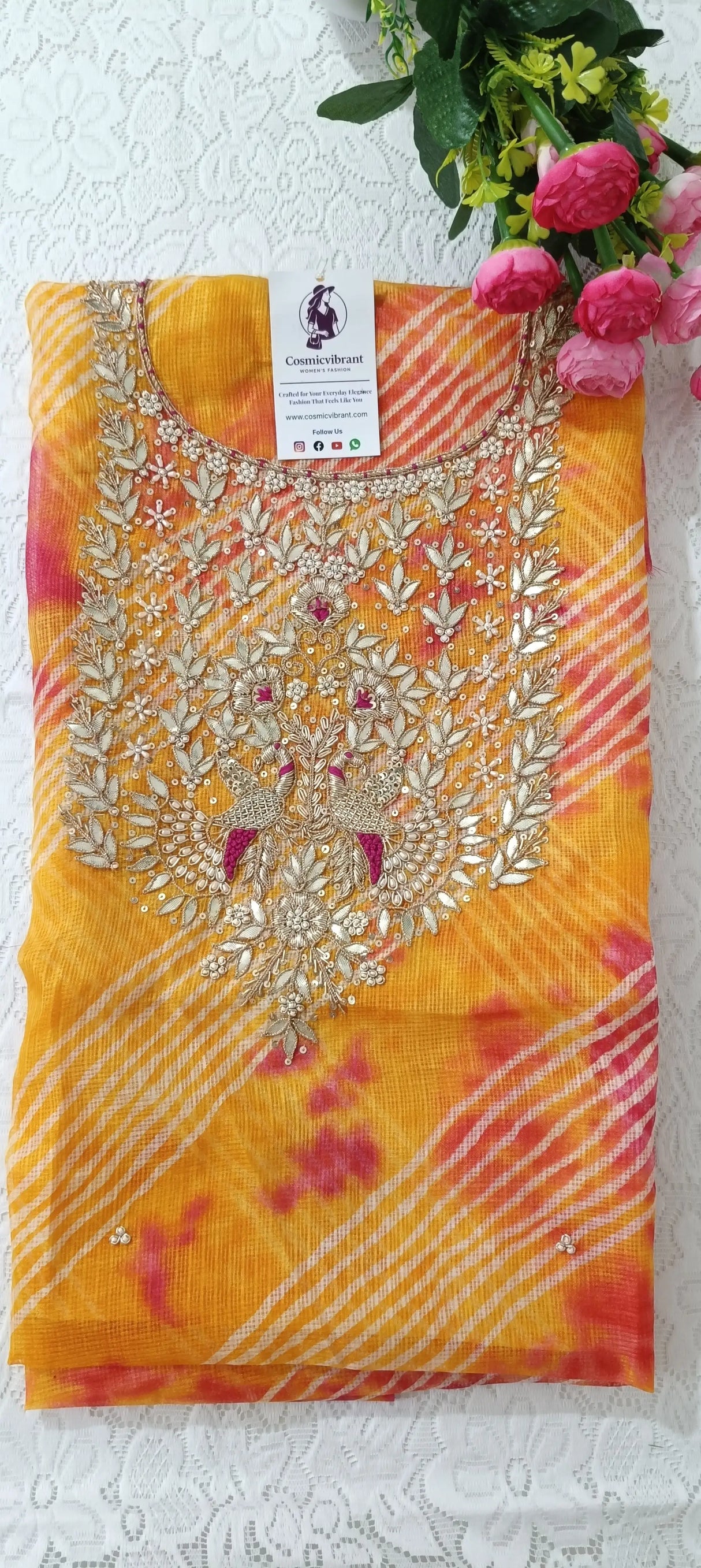 Orange Kota Doria Unstitched Suit with Heavy Zardozi Handwork – Kurta, Dupatta & Bottom Set