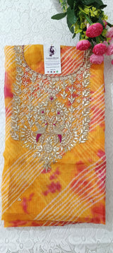 Orange Kota Doria Unstitched Suit with Heavy Zardozi Handwork – Kurta, Dupatta & Bottom Set