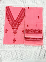 Pink Cotton Kota Doria Unstitched Suit Set with V-Neck Embroidery | Elegant Party & Festive Wear