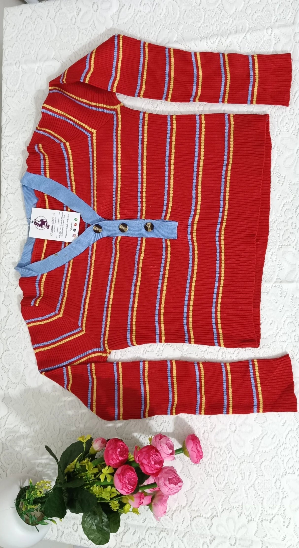 Pretty Graceful Women’s Red Striped Top – Stylish V-Neck Casual Tunic for Girls