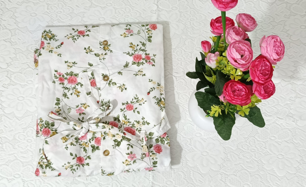 Women’s White Floral Midi Dress – Button-Down Calf Length Dress with Waist Tie