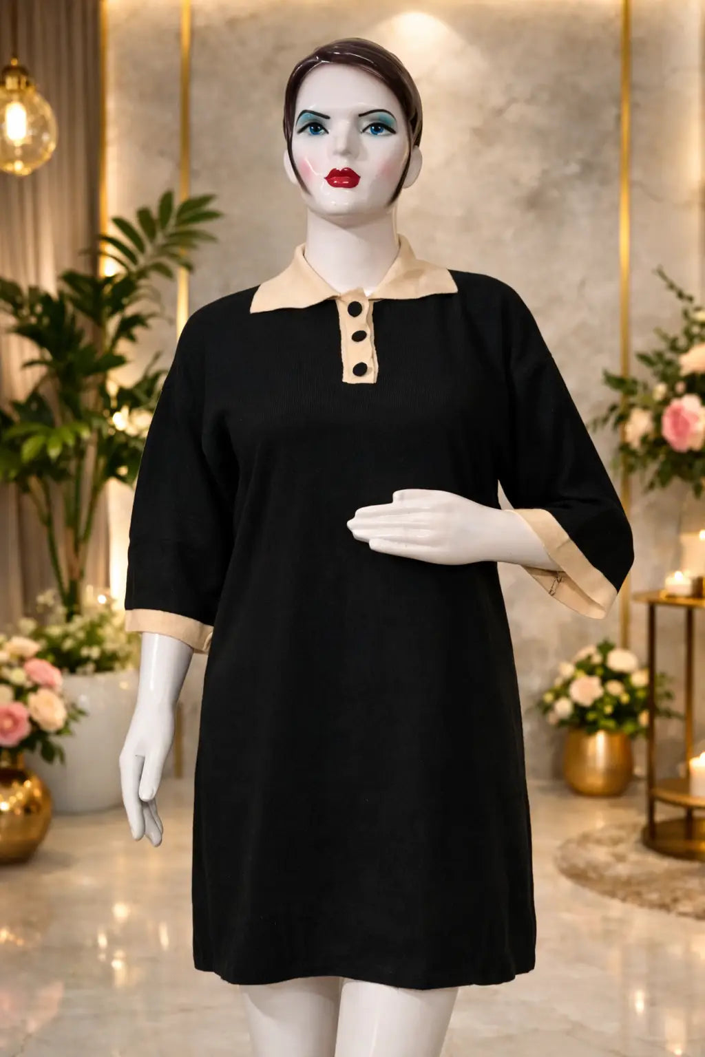 Women’s Black Bodycon Knit Dress – Contrast Collar & Half Sleeves