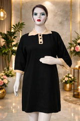 Women’s Black Bodycon Knit Dress – Contrast Collar & Half Sleeves