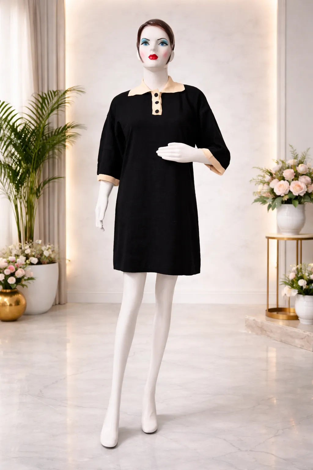 Women’s Black Bodycon Knit Dress – Contrast Collar & Half Sleeves