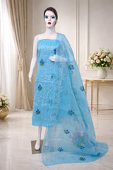 Sky Blue Cotton Kota Doria Unstitched Suit Set with Floral Embroidery | Elegant Party & Festive Wear