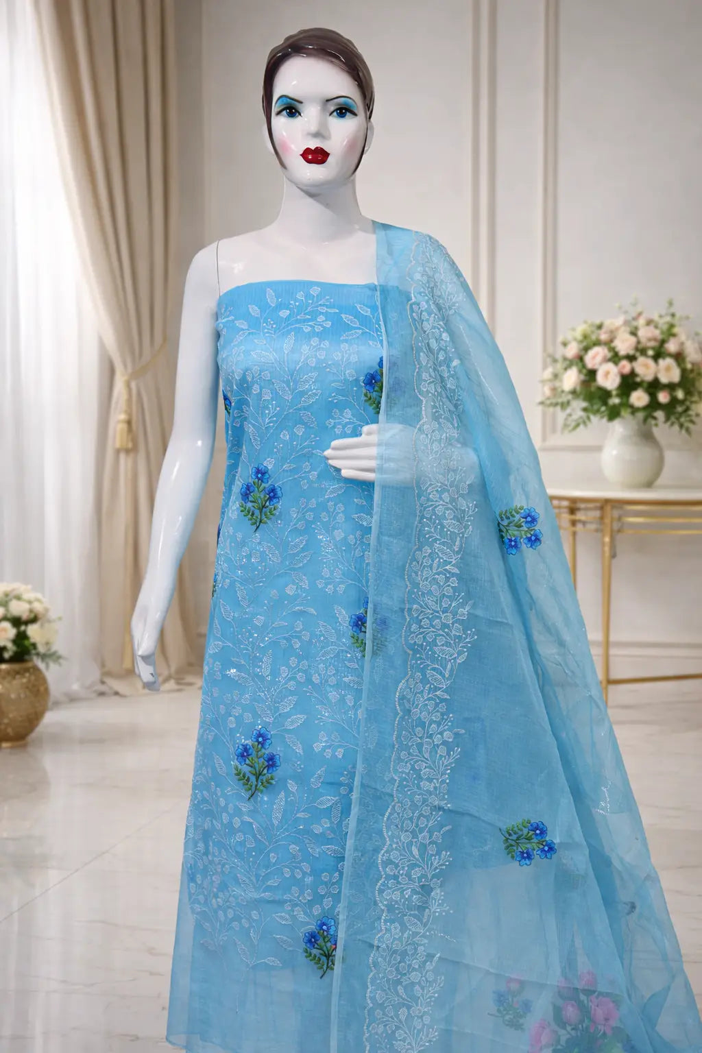 Sky Blue Cotton Kota Doria Unstitched Suit Set with Floral Embroidery | Elegant Party & Festive Wear