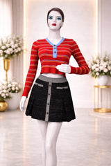 Women’s Black Tweed A-Line Mini Skirt – Contrast Waistband & Button Detail